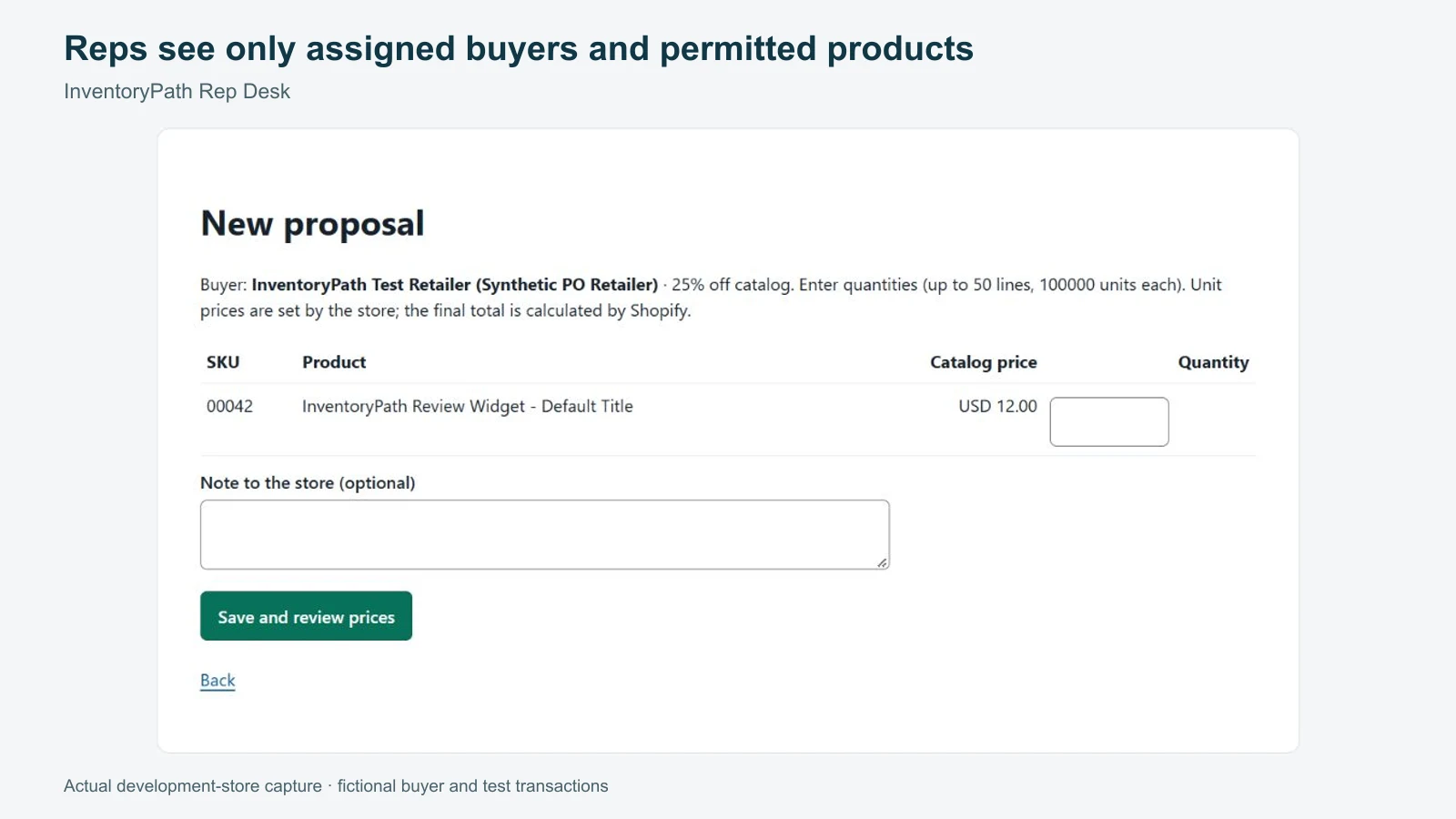 InventoryPath Rep Desk: restricted rep order proposal, shown with synthetic demonstration data.