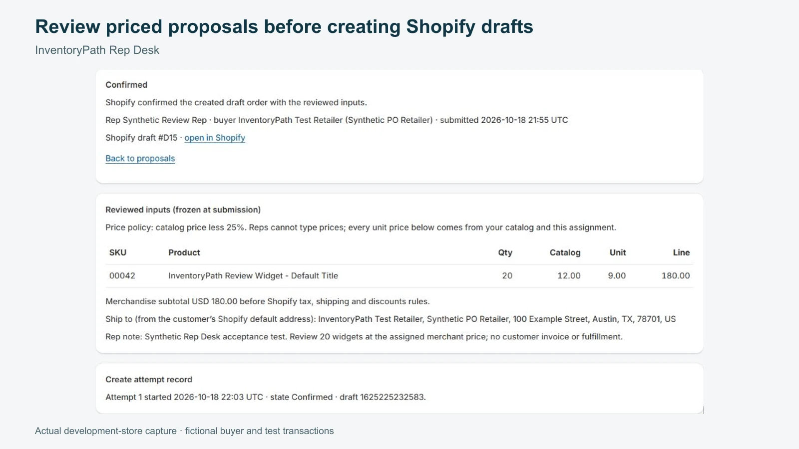 InventoryPath Rep Desk: merchant-reviewed shopify draft, shown with synthetic demonstration data.