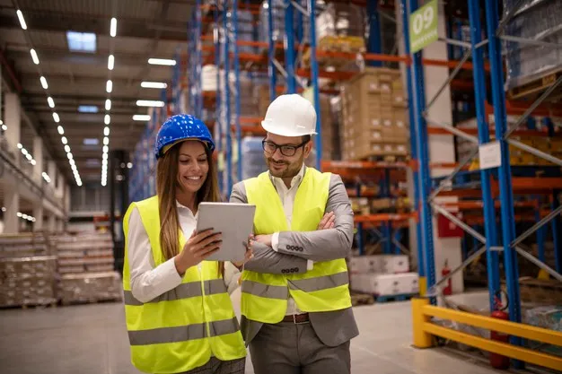  “Managers controlling distribution and checking inventory in warehouse storage”
