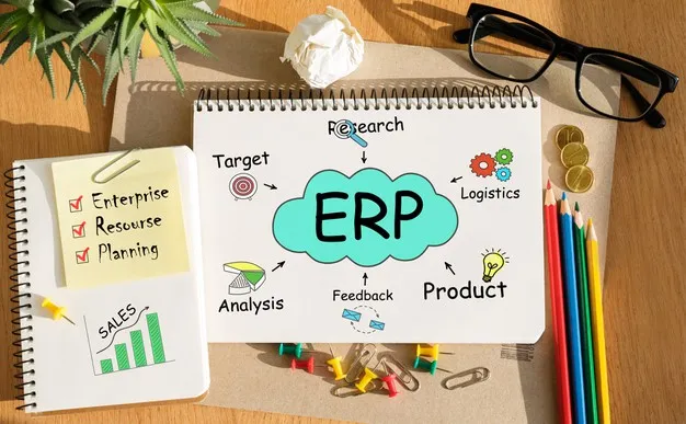 Notebook with toolls and notes about erp,concept Premium Photo