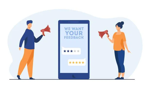 "Online shop managers asking clients for feedback. screen, rate, people with megaphone. cartoon illustration Free Vector"