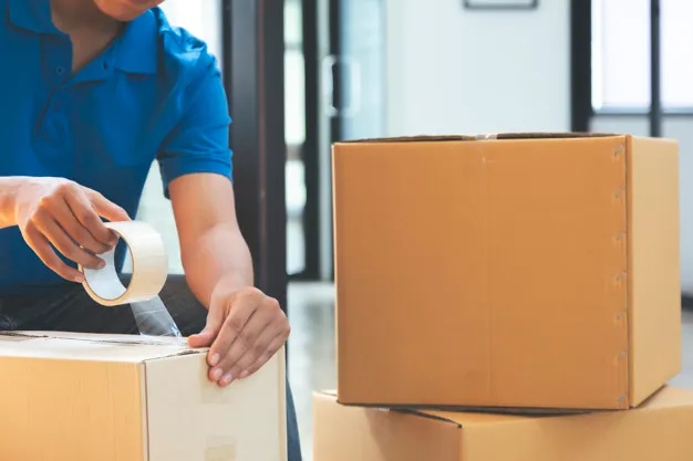 Small online business owner packing in the cardbox.