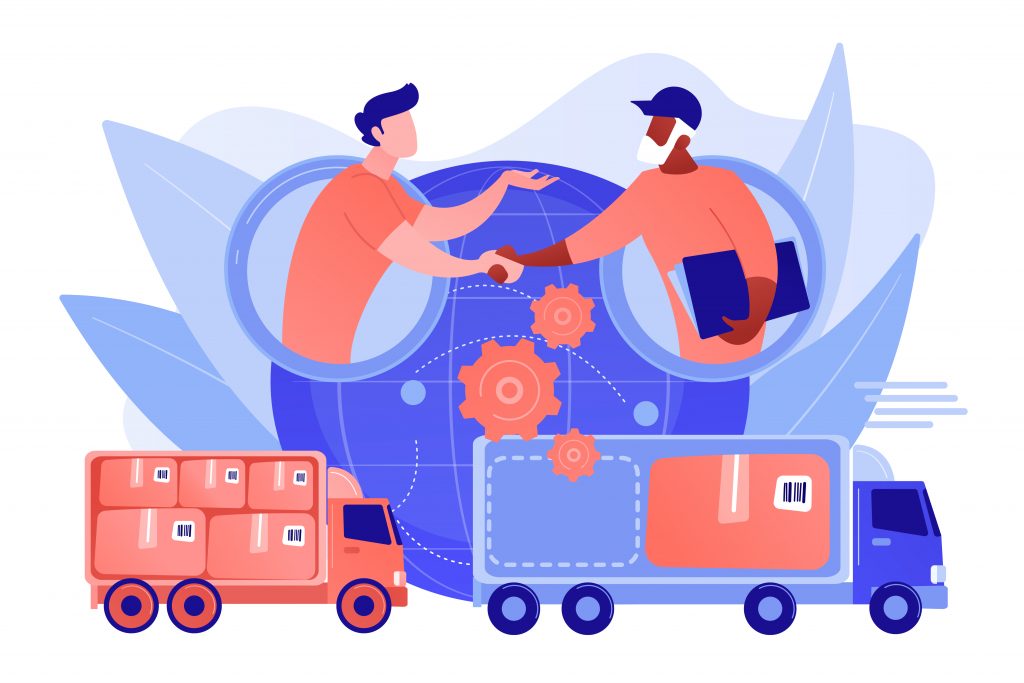Worldwide shipping service, international distribution. Collaborative logistics, supply chain partners, freight cost optimization concept. Pinkish coral bluevector isolated illustration