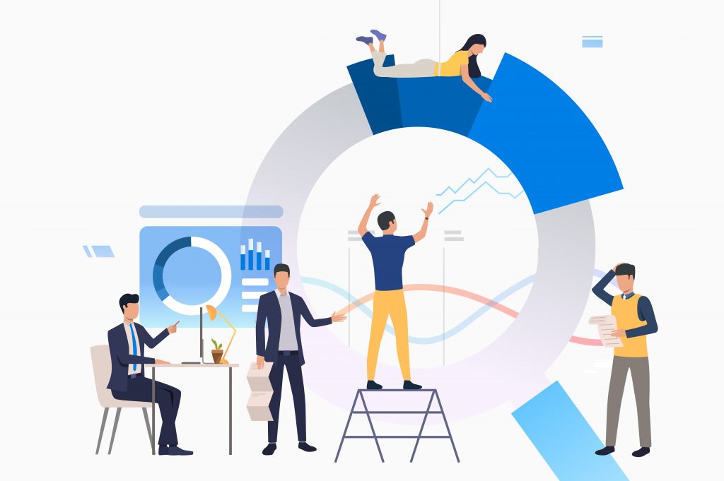 Team leader managing project. Office employees building diagram. Analysis concept. Vector illustration can be used for topics like statistics, data analyzing, management