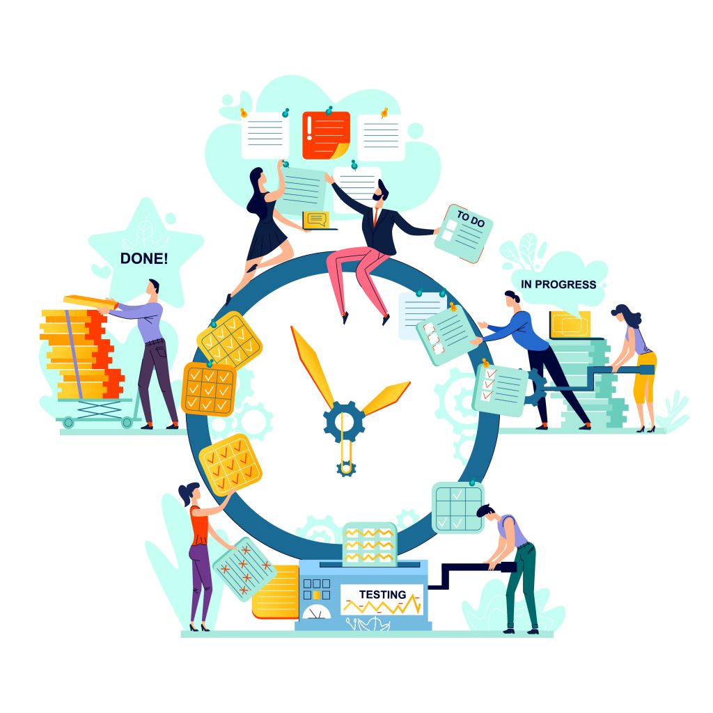 Deadline and time management business concept vector. Large watches and workers with task cards, process of generating idea, turning it into task to do, through progress and testing to done, teamwork