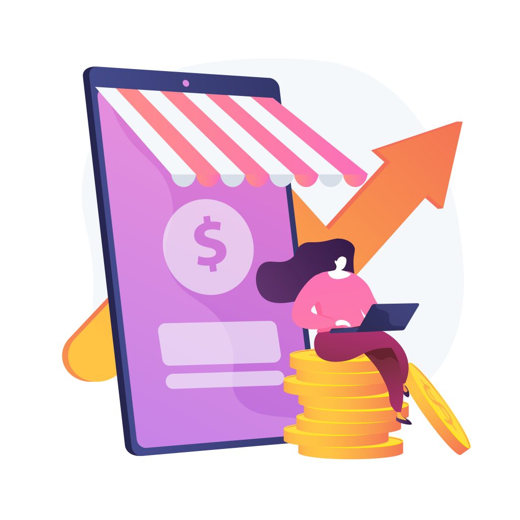 Income growth. freelancer sitting on coins and working with a laptop cartoon character. money earning, virtual sales, marketing strategy. vector isolated concept metaphor illustration Free Vector