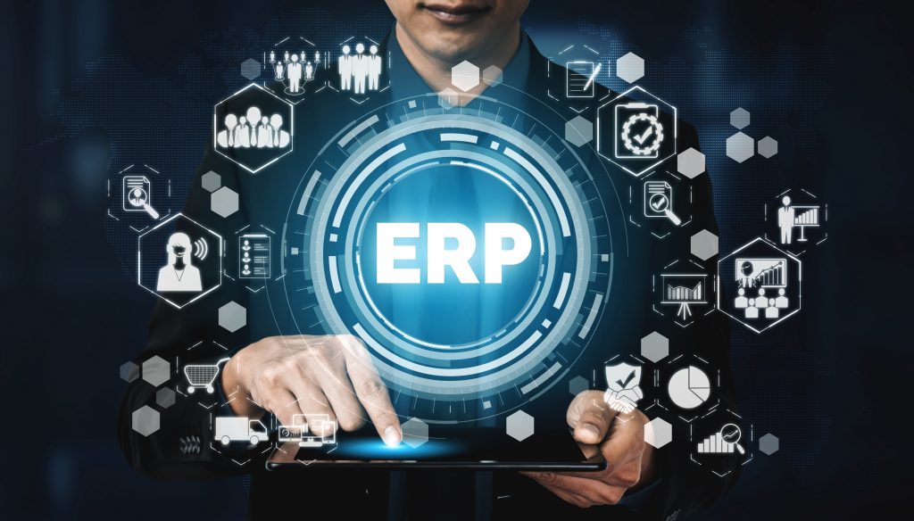 Enterprise Resource Management ERP software system for business resources plan presented in modern graphic interface showing future technology to manage company enterprise resource.