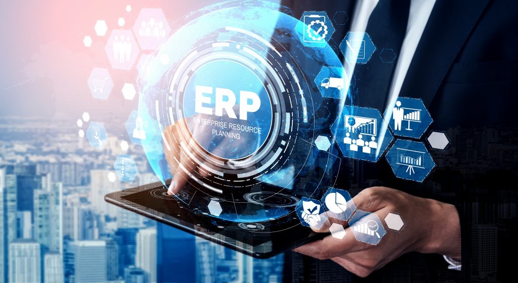 Enterprise Resource Management ERP software system for business resources plan presented in modern graphic interface showing future technology to manage company enterprise resource.