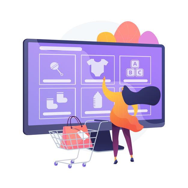 Ordering goods online. internet store, online shopping, niche e commerce website. mother buying babies clothes, footwear and toys, infant accessories. vector isolated concept metaphor illustration Free Vector