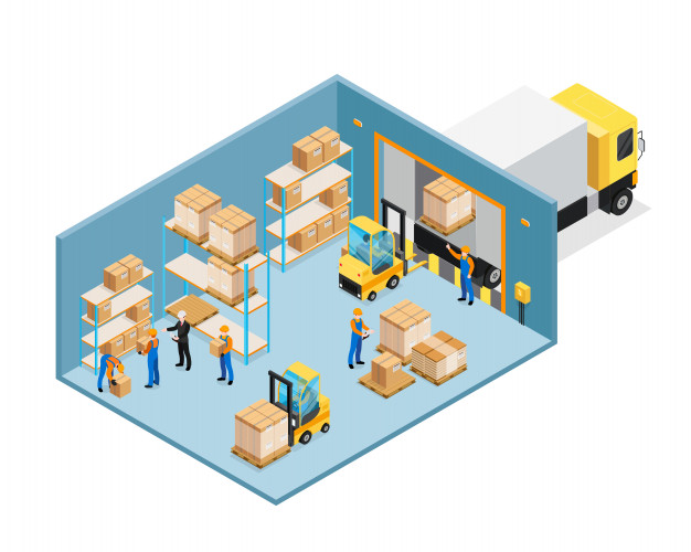 Warehouse inside isometric composition