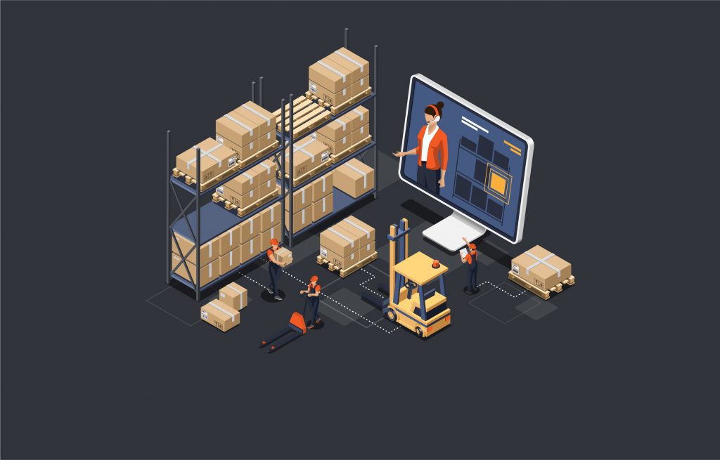 “Isometric warehouse online manager concept. the process of online warehouse management compositions including loading and unloading cargo, inventory sorting and storage.”