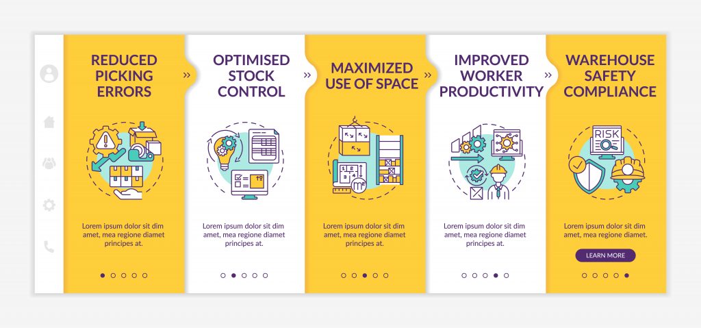 “Warehouse service onboarding template. improved worker productivity. optimized stock control. responsive mobile website with icons. webpage walkthrough step screens”