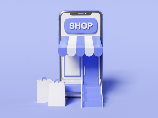 3d illustration. smartphone with a store on screen and with paper bags. shop online concept
