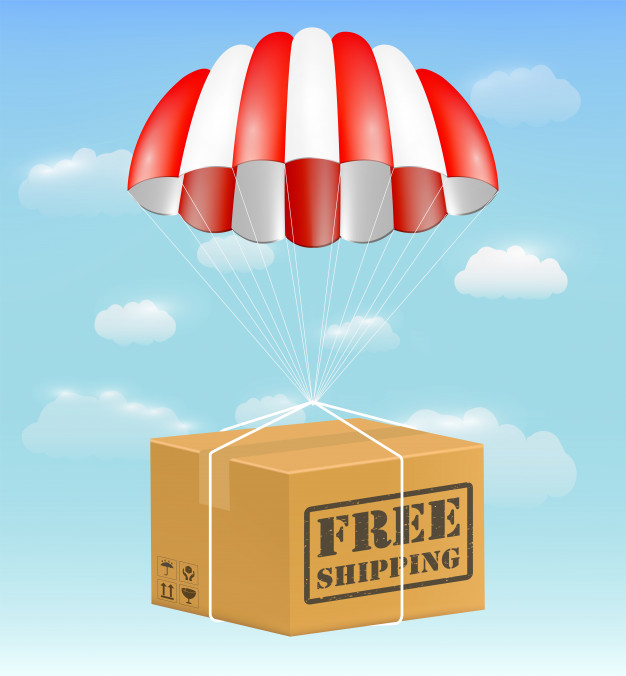 Free shipping package carton box with parachute Premium Vector