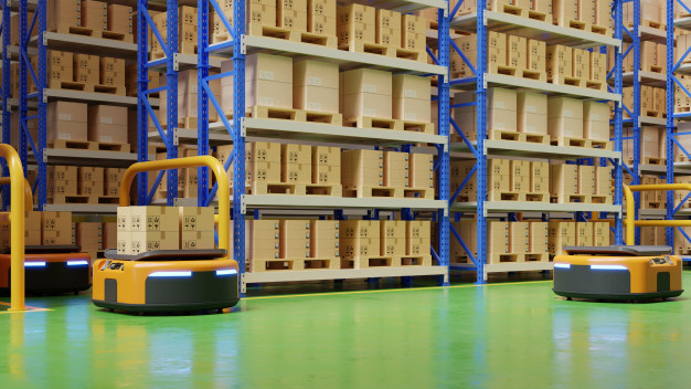 "Warehouse in the logistic center with the automated guided vehicle is a delivery vehicle. Free Photo"


