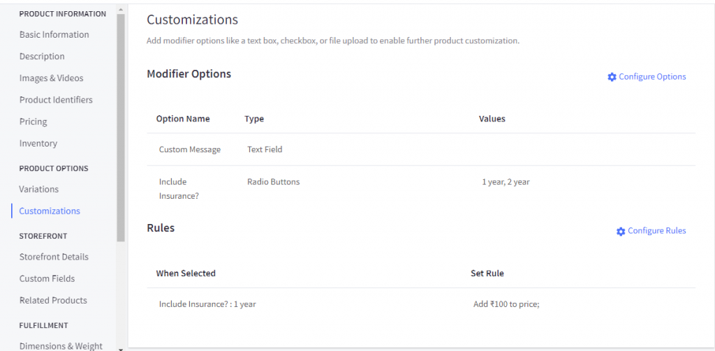 BigCommerce product modifier options